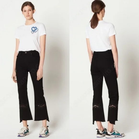 Sandro Paris Tori Flared Lace Inset Jeans Size 36 - Picture 1 of 15